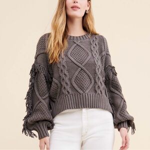 Anthropologie Line + Dot Jasper Fringe Sweater XS Oversized Gray Cable Knit Boho